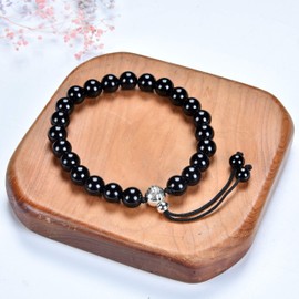 Cherry Tree Collection Mala Bracelet | 8mm Natural Gemstone Round Beads, Guru Bead, Durable Nylon Cord | Adjustable Length | Men and Women (Black Agate - S/M)
