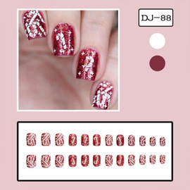 Christmas Press on Nails Short Square Fake Nails With Candy Cane Designs Xmas False Nails Red Glitter Glue on Nails Full Cover Artificial Stick on Nails for Women Winter Nails 24 Pcs