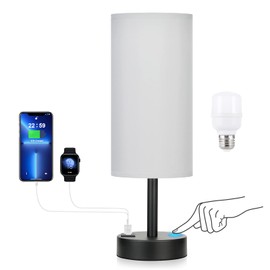 Grey Touch Nightstand Lamps for Girl - Small Bedside Lamp with USB-C and USB Charging Ports, 3 Way Dimmable Control Table Lamp for Living Room Office, Dorm, Reading with Fabric Shade Black Base