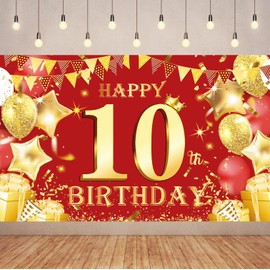6x3.6FT Red Gold Birthday 10th Banner Party Decorations,Red Gold Happy Birthday Backdrop Decorations,Red Gold Happy Birthday Photography Background Party for Party Decorations Supplies.
