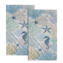 Blue Coral Hand Towels Set of 2 Sea Horse Decorative Bathroom Towels Super Soft Absorbent Towels for Yoga Gym Spa Kitchen 28x14 Inch