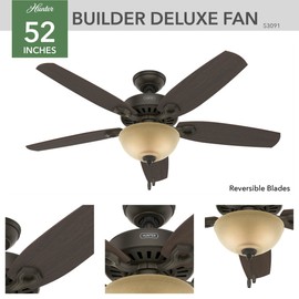 Hunter 52 inch Indoor Ceiling Fan with LED Light - Bronze Ceiling Fan with Pull Chain, For Bedroom or Living Room, Standard Mount, No Remote, 5 Blades, Includes Bulbs- Builder Deluxe 53091, New Bronze