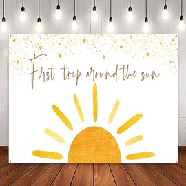 First Trip Around Sun Birthday Background Banner Sun Poster Photo Booth Background 70.8 x 45.2 Inches for Men and Women, Boys, Girls,Retro Boho Sun Birthday Party Decoration (White-Yellow)