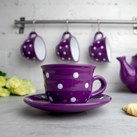 Handmade Purple and White Polka Dot Ceramic 9oz/250ml | Cappuccino, Coffee, Tea Cup and Saucer, Unique Designer Pottery for Tea Lovers by City to Cottage