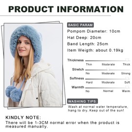 Dawfold Women Knit Beanies Hats Winter Peruvian Cover Ears Faux Fur Crochet Skull Cap with Pompom Fluffy Fleece Lined Blue