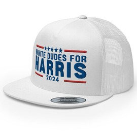 RIVEMUG NG White Dudes for Harris Embroidered Flat Bill Trucker Hat High Crown Adjustable Kamala Harris for President Cap