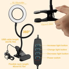 5X Magnifying Glass with Light, 3 Color Modes LED Desk Lamp, Clip on Lamp Lighted Magnifier, 360° Flexible Neck Magnifying Lamp for Workbench Craft Repair Sewing, USB Powered(Color:Black)