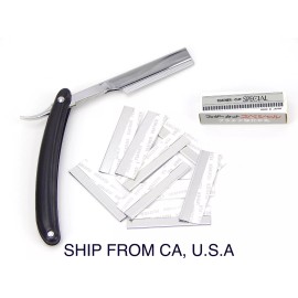 Beauty Headquarters Straight Barber Edge Steel Razors Folding Shaving Knife With 10 Pcs Blades Black