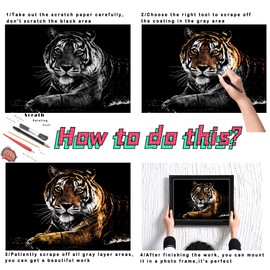 DESINIK Scratch Painting Art for Adults & Kids - 2 Sheets Rainbow Scratch Painting Kit, Scratch Painting Foil Art for Adults, Stress Relief Adult Craft Kits A3(Tiger & Lion)