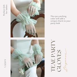 YAEISM Green Mesh Gloves Short Ruffled Tulle Gloves with Pearls Elegant Tea Party Gloves Formal Costume Accessories for Women