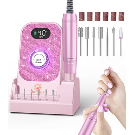 Portable Nail Drill Electric File: Professional Nail E File Machine 40000RPM Rechargeable Cordless Pink Diamond Nail Drill with Bits & Base for for Acrylic Nails Remove Gel Polish Manicure, Salon Home
