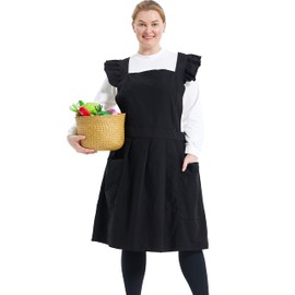 APRONNER Lovely Retro Ruffle Plus Size Apron with Pockets for Women Cotton Linen Adjustable Vintage Baking Black