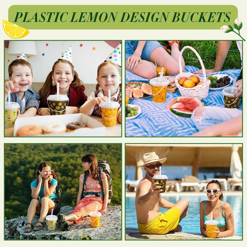 Widecook 30 Set 34oz Lemon Disposable Plastic Cups with Lids