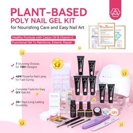 Saviland Poly Gel Nail Kit Starter Kit: Caster Oil Vitamin E Poly Nail Gel Kit 48W Nail Lamp 7 Color Plant-based Poly Extension Gel Nail Kit Base &Top Gel Complete Tools Home Nail Extensions Nail Care