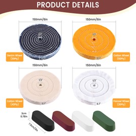 8PCS 6 Inch Buffing & Polishing Wheel Kit for Bench Grinder, 1/2" Arbor Hole, Denim/Yellow/White/Flannel Polishing Wheels with 4 Buffing Compound Set,Polishing Rouge Bars