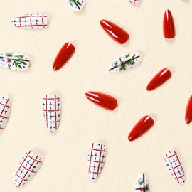Christmas Press on Nails Medium Almond Fake Nails White False Nails Christmas Nails Press ons with Designs Green Red Patterns Glossy Glue on Nails Acrylic Stick on Nails for Women Decorations 24 Pcs