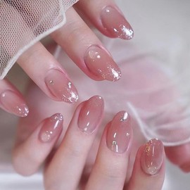 ANDGING Ombre Pink Press on Nails Oval Short Medium Fake Nails with Rhinestone Designs Almond Acrylic Manicure Glue on Nails for Wedding Full Cover Stick on Nails Gel False Nails for Women 24 Pcs