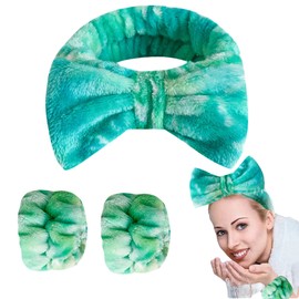 Lopsity 3PCS Wristbands for Washing Face and Spa Headband Sets Towel Wristbands Hair Headband Face Wash Wristband for Women Girls Makeup Prevent Liquid from Spilling (GREEN-B)
