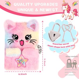 PrinBarBee Cat Diary for Girls with Lock and Keys,Tie-Dye Fuzzy Journal for Kids,Hardcover Fluffy Locking Notebook for Writing and Drawing,4-12 Year Old Girl Birthday (A Star-Cat)