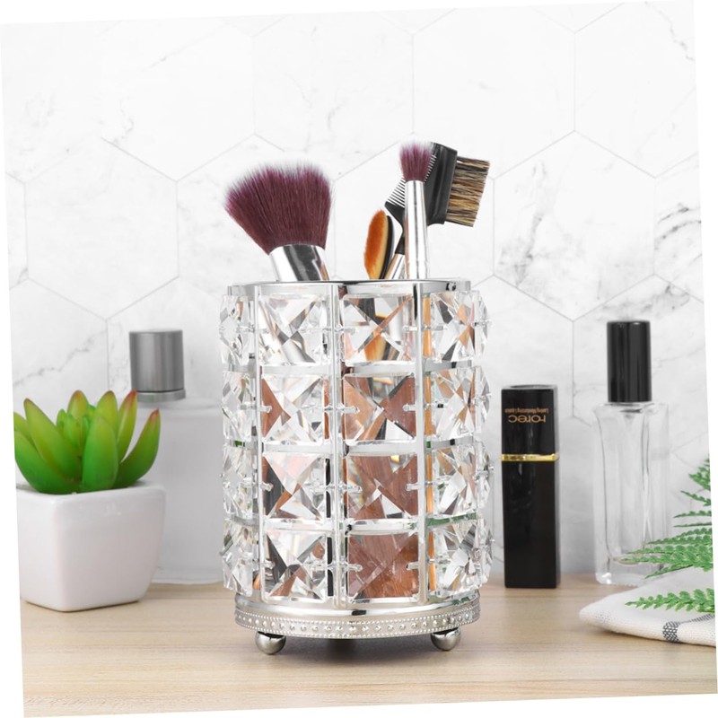 BIUDECO Large Silver Crystal Cosmetics Brush Holder Hollow Lace Design