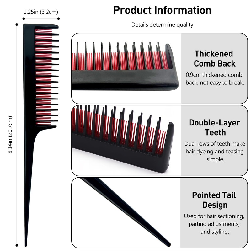 5-Piece Triple Teasing Comb Set - Rat Tail Combs for