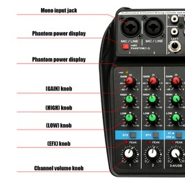 TU04 BT Sound Mixing Console Record 5V 2A Phantom Power Monitor AUX Paths Plus Effects 4 Channels Audio Mixer with USB