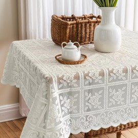 CAPASTEC Lace Table Cloth, Tablecloth, Square, Glossy Florets Design, Polyester, Cream Color, Washable, Stylish, Table Runner, Dining Room, Living Room, Decor, Solid Color, 1 Piece, 35.4 x 35.4 inches