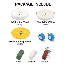 SCOTTCHEN 6inch Buffing Polishing Wheels 1/2" Arbor Hole,Soft/Fine/Medium for Bench Grinder-3PCS,with Buffing Polishing Cutting Compounds 7.4 Oz.Kit,with 2 Pack Non-Woven Bandage