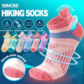Merino Wool Ankle Hiking Running Socks Warm Thermal Winter Thick Compression Cushion No Show Moisture Wicking Gifts Stocking Stuffers Socks for Women 6 Pairs(Colored Stripes,L)