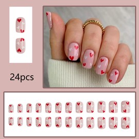 Valentine's Day Press on Nails Short Cute Little Love Heart Design Fake Nails Glossy Pink French Fake Nails with Glue on Nails Short Square Artificial Nails Reusable Stick on Nail for Women 24Pcs