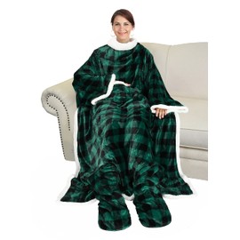 Catalonia Sherpa Wearable Blanket with Sleeves & Foot Pockets for Adult Women Men, Comfy Snuggle Wrap Sleeved Throw Blanket Robe, Plaid Green, St. Patrick Gift