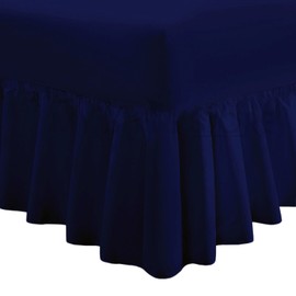 Valance Fitted Sheets Combed Poly-Cotton Plain Dyed Non Iron Percale Frilled Pleated Box Bed Sheet Bedding(Navy, Single)