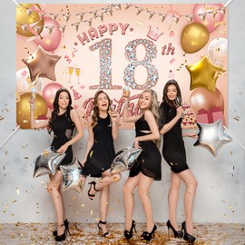 Pinenuts Happy 18th Birthday Banner Rose Gold Birthday Party Decorations Backdrop, Birthday Sign Poster Birthday Photo Background Fabric Banner for Girls Women, 110 x 180 cm( 18th)