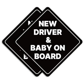 GEEKBEAR New Driver and Baby on Board Car Sign - Sticker or Magnet & Color Options, Weather-Resistant - Diamond Shape 6.8 x 6.8 in (Black, Reflective Magnet)