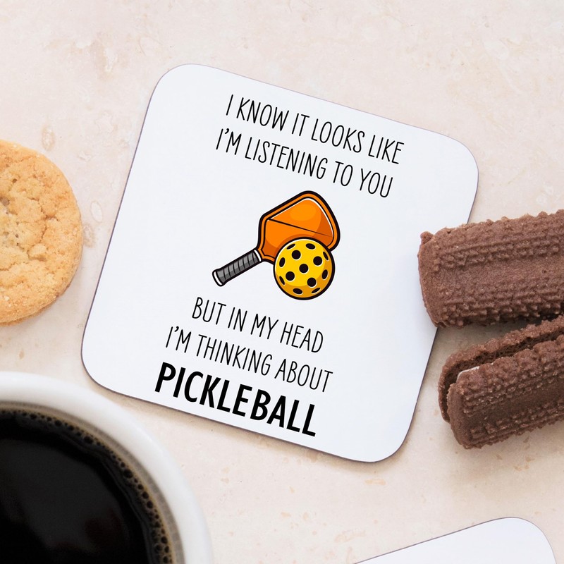 Thinking About Pickleball Wooden Drinks Coaster Mat Gift