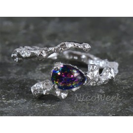 NicoWerk Women's Silver Ring Lava Made of 925 Sterling Silver Melting Narrow with Stone Structure Elegant Asymmetrical Zirconia Adjustable Open SRI814, Sterling silver, zirconia stone