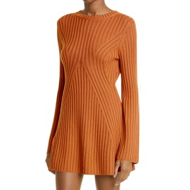Ugerlov Women's 2024 Trendy Fall Long Sleeve Sweater Dress Round Neck Pullover Sweater Ribbed Knit Mini Dress, Orange M
