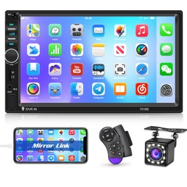 NHOPEEW Double Din Bluetooth Car Stereo - 7 Inch HD Touch Screen Car Radio - Mirror Link/Bluetooth Music/FM/EQ Audio/Seven Color Backlight/USB + 12 LEDs Backup Camera