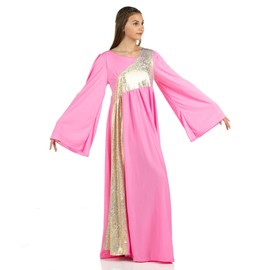 Danzcue Womens Shimmery Asymmetrical Bell Sleeve Dance Dress, Pink-Gold, 4XL