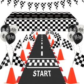 AHIER Race Car Party Decorations, 61 Pcs Set-12 Traffic Cones and 24 Racing Checkered Flags, 6.5Ft Racetrack Floor Runner and 9.8ft Checkered Race Track Banner, Tablecloth, Balloons and Ribbons