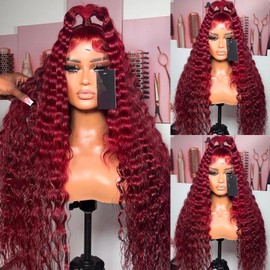 ANDRIA 13x4 HD Transparent Lace Front Wigs 26 Inch Wine Red Deep Wave with Baby Hair Pre-Plucked Glueless Burgundy 200% Density Natural Color Long Deep Curly Wigs For Black Woman