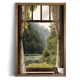 Rolled Canvas 24x36 Print Wall Decor - Windows View to Nature Wall Art - Decoration Bedroom, Living Room, Office - Serene Tranquil River Trees Cabin in the Woods - Spring Summer Forest Waterfall Lake