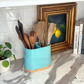 DAILY RITMO® Turquoise Aqua Large Oval Utensil Holder with Bamboo Base and Divider