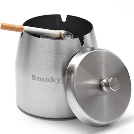 Ashtray with Lid for Outside Patio, Windproof Ash Tray, Silver Stainless Steel Smokeless Ashtray for Outdoor Home Office Tabletop Patio Outdoor Balcony, Large