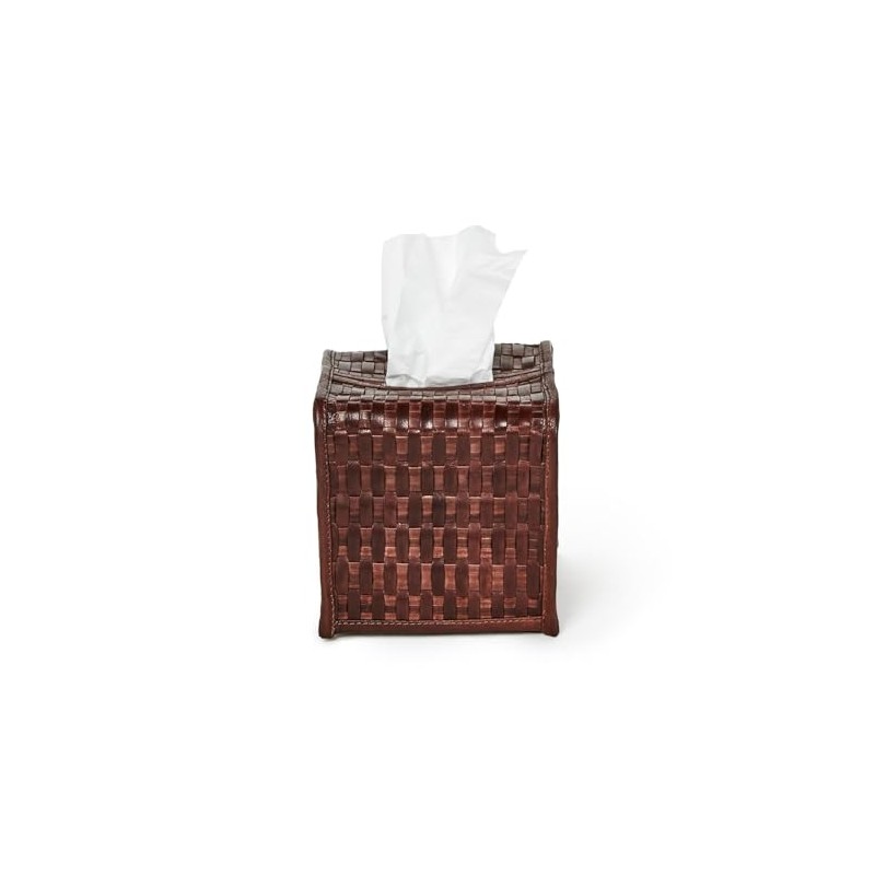 Two's Company Chestnut Woven Leather Tissue Box Cover, 5.5-Inch