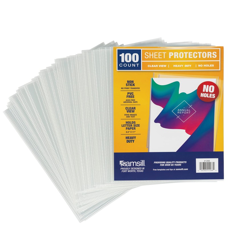 Samsill No Holes Sheet Protectors, 100 Pack, 8.5 x 11