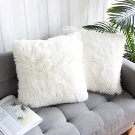 Uhomy 2 Packs White Fluffy Plush Pillow Cover 22"x22", Luxury White Faux Fur Throw Pillow Case Square Cushion Pillow Cover for Sofa Bed, Zippered True White, Fall Winter Home Decorative