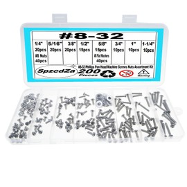 200 Pieces #8-32 Phillips Pan Head Machine Screws Nuts Washers Assortment Kit, Coarse Thread, Fully Machine Threaded, 304 Stainless Steel
