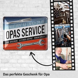 LANOLU Retro Blechschild OPAS SERVICE - Schild Werkstatt OPA - Geburtstagsgeschenk, Vatertagsgeschenk Schild für Opas - lustige retro Deko mit Spruch 15x20cm