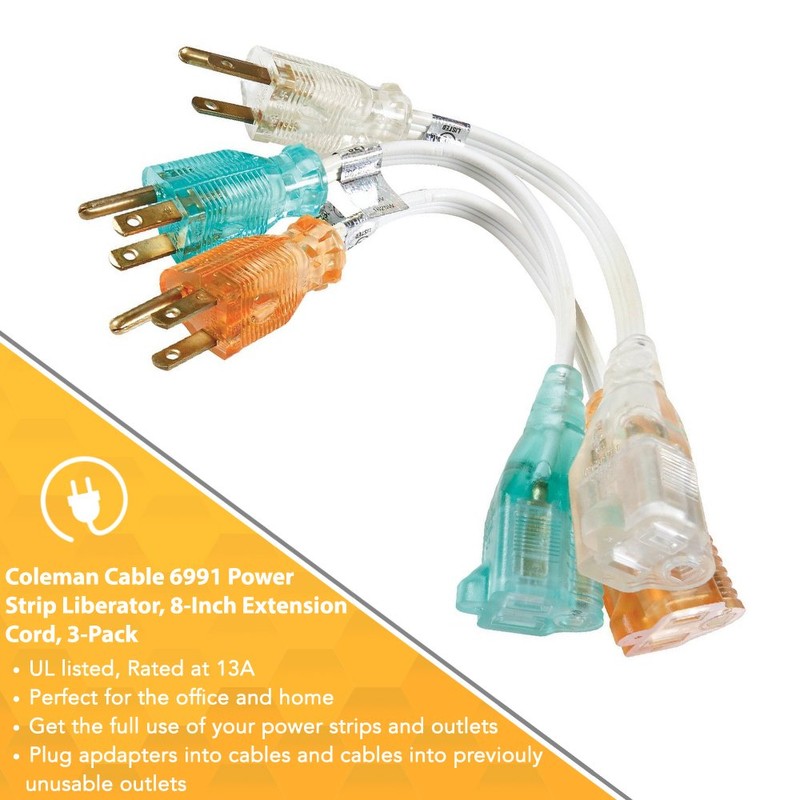 Woods Light Duty Indoor Extension Cord, 8-Inch, 16 Gauge, 3